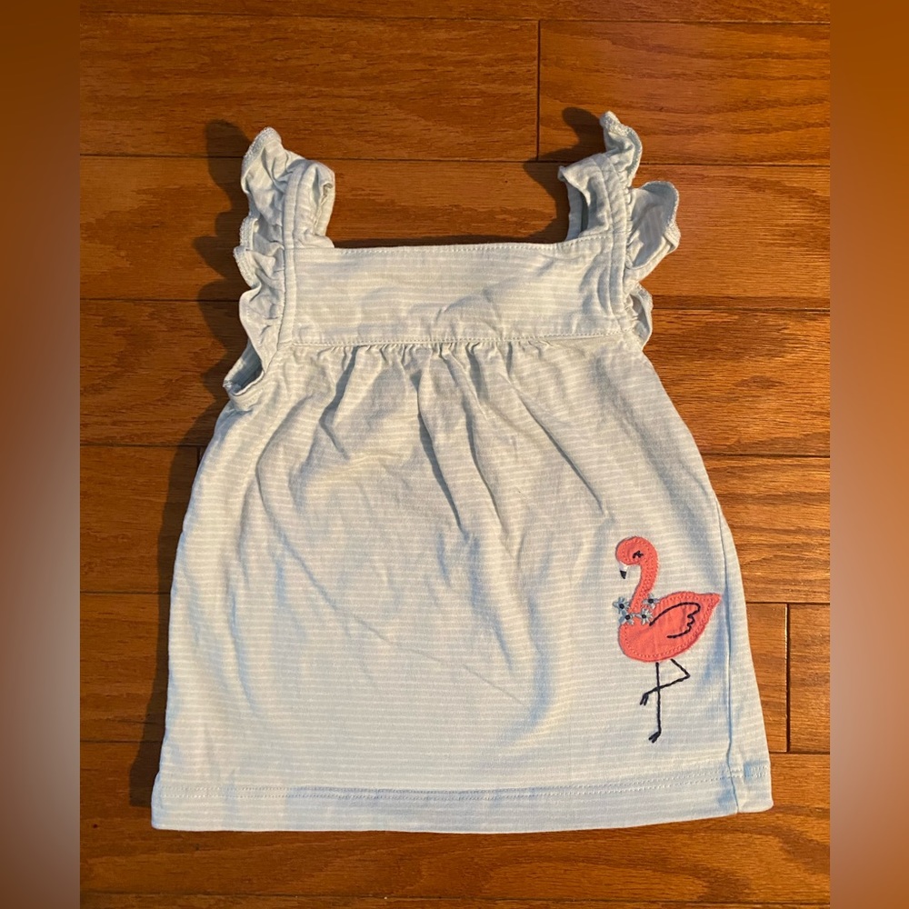 18 MONTH LIGHT BLUE AND WHIE STRIPED SUMMER BEACH PINK FLAMINGO RUFFLED TANK TOP